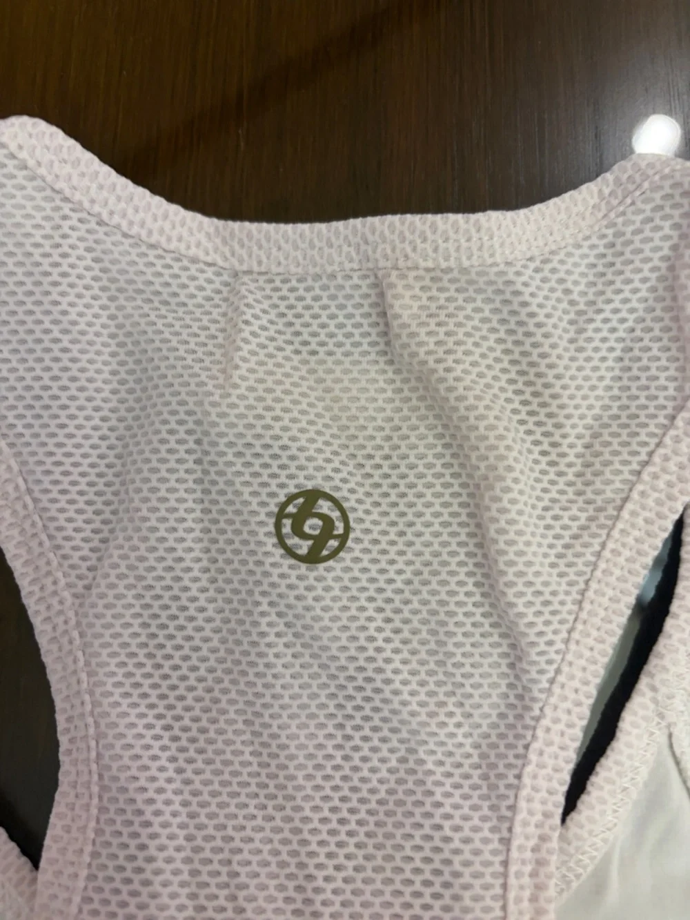 Lija White Racerback Tank with Light pink Mesh Yoke Size Medium